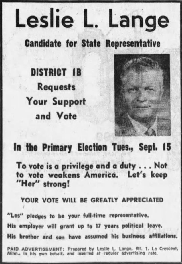 Print advertisement for Leslie L. Lange's 1970 HD 01B primary election campaign