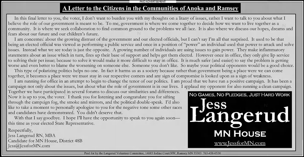 Print advertisement for Jess W. Langerud's 2006 HD 48B general election campaign