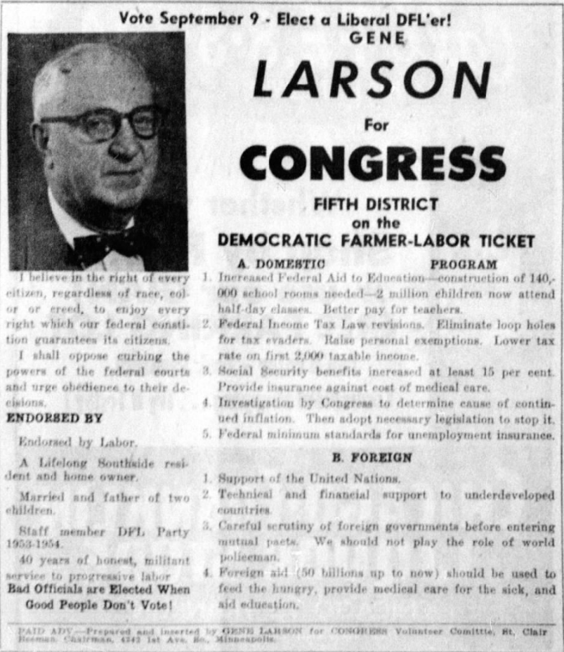 Print advertisement for Gene Larson's 1958 CD 05 DFL primary election campaign