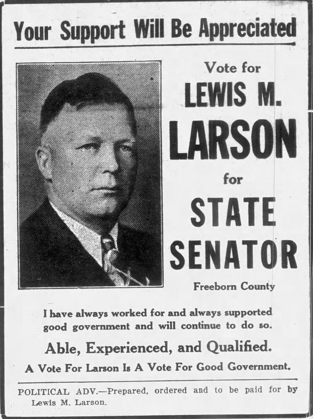 Print advertisement for Lewis M. Larson's 1942 SD 06 primary election campaign