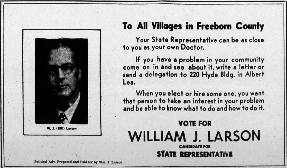 Print advertisement for William J. Larson's 1952 HD 06 general election campaign