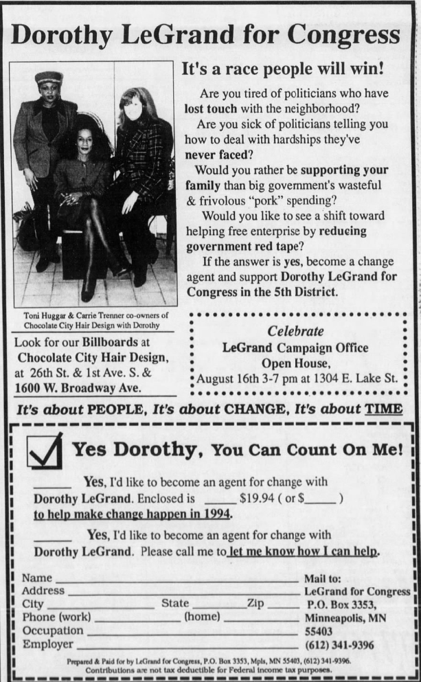 Print advertisement for Dorothy LeGrand's 1994 CD 05 primary election campaign