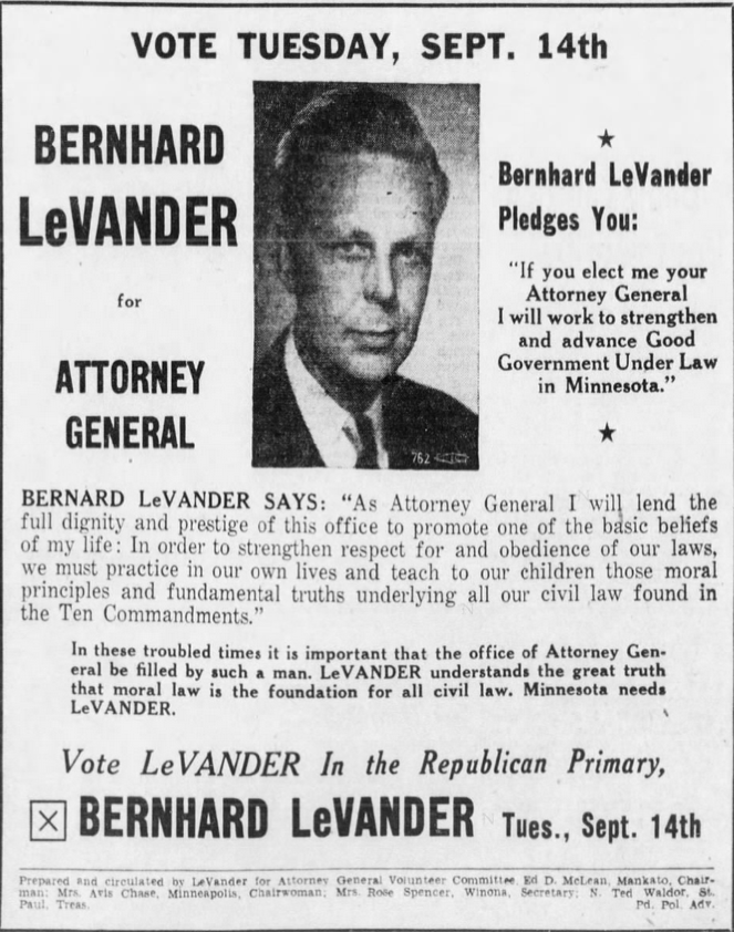 Print advertisement for Bernhard LeVander's 1954 Attorney General Republican primary campaign