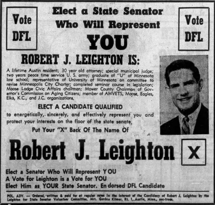 Print advertisement for Robert J. Leighton's 1958 SD 05 general election campaign