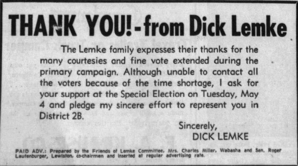 Print advertisement for Richard R. Lemke's 1971 HD 02B special election campaign