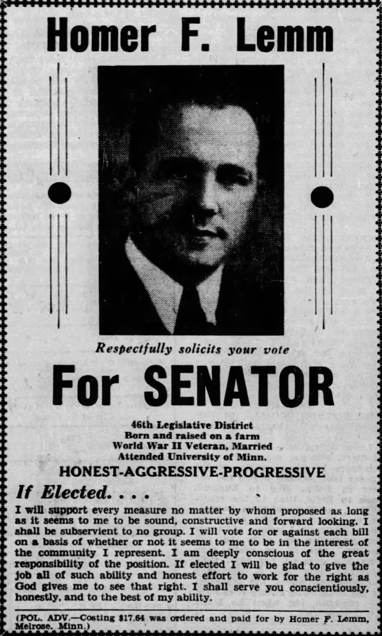 Print advertisement for Homer F. Lemm's 1950 SD 46 general election campaign.