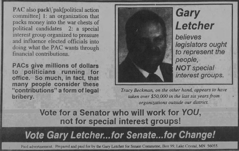 Print advertisement for Gary Letcher's 1992 SD 26 general election campaign