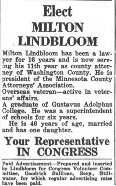 Print advertisement for P. Milton Lindbloom's 1936 3rd CD general election campaign