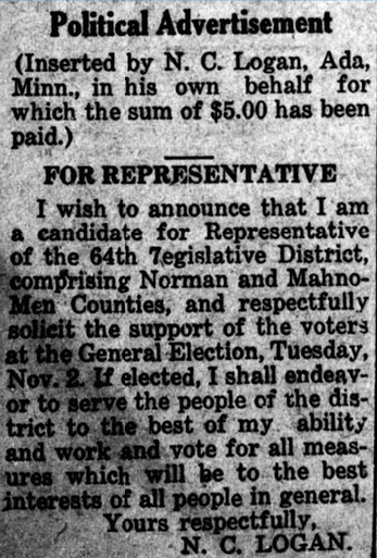 Print advertisement for Knute Logan's 1926 HD 64 general election campaign