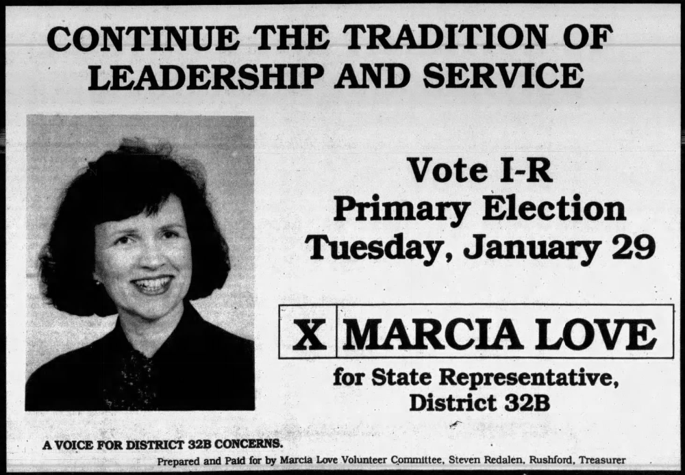 Print advertisement for Marcia Love's HD 32B special Independent-Republican primary election