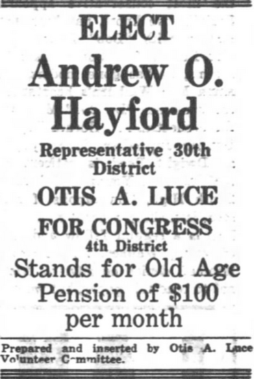 Print advertisement for Otis Luce's 1936 CD 04 general election campaign