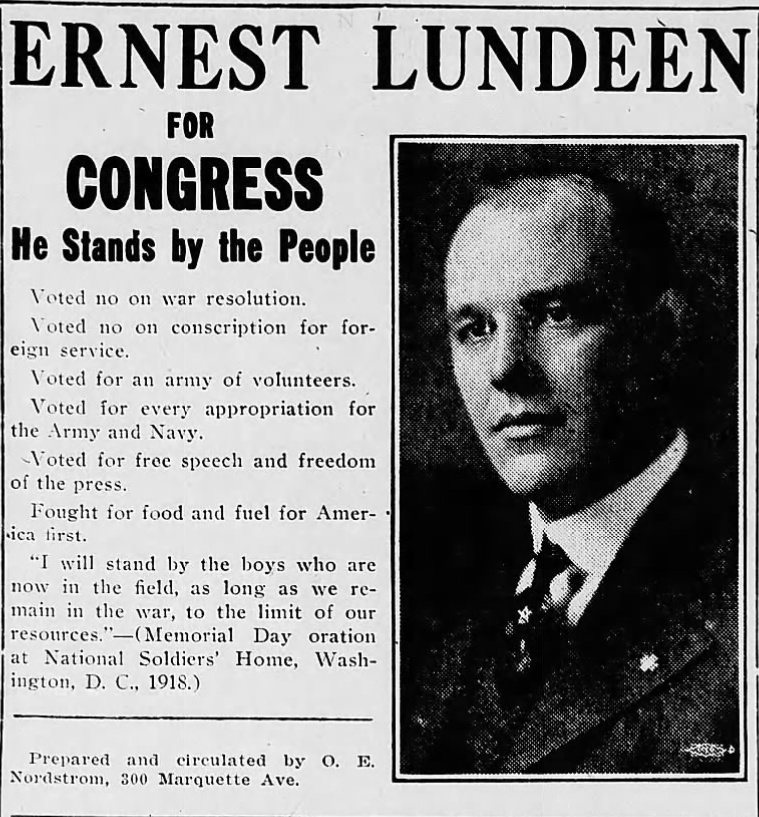 Print advertisement for Ernest Lundeen's 1918 CD 05 Republican primary election campaign.