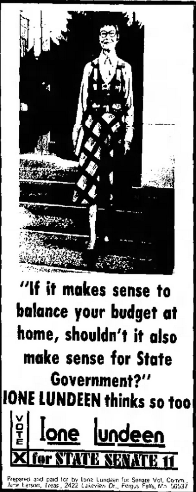 Print advertisement for Ione Lundeen's 1976 SD 11 general election campaign