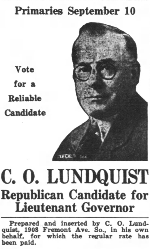 Print advertisement for Charles O. Lundquist's 1940 Lieutenant Governor Republican primary campaign