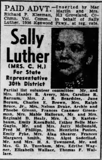 Print advertisement for Sally Luther's 1950 HD 30 primary election campaign.