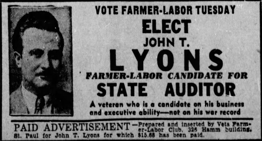 Print advertisement of John T. Lyons' 1934 Auditor general election campaign