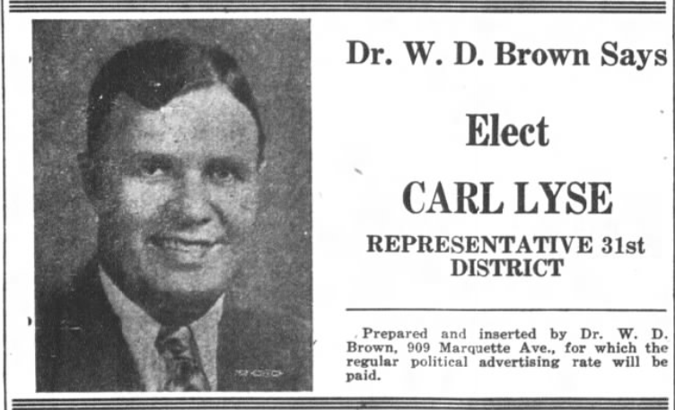 Print advertisement for Carl L. Lyse's 1942 HD 31 primary election campaign
