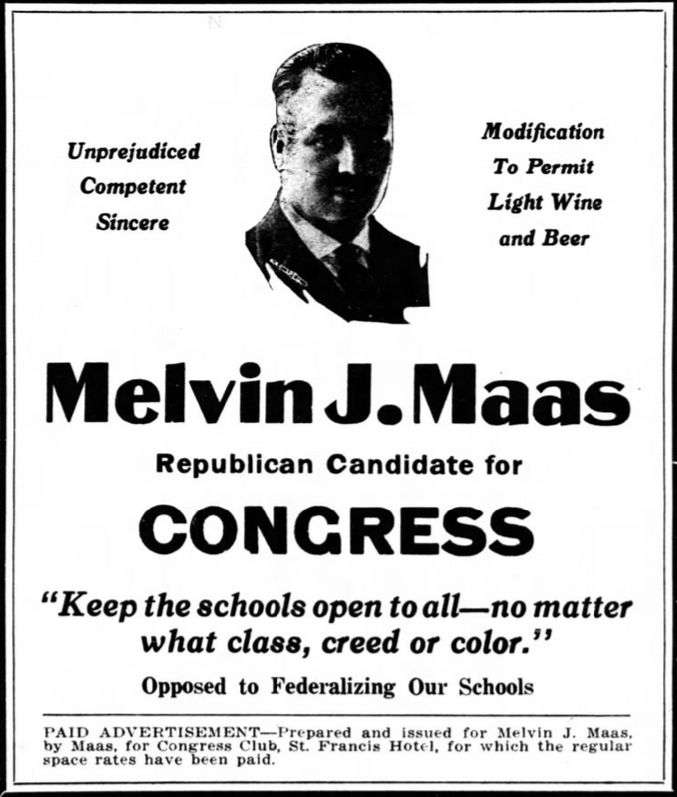 Print advertisement for Melvin J. Maas' 1926 CD 04 Republican primary campaign