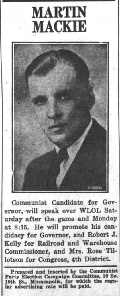Print advertisement for Martin Mackie's 1942 Gubernatorial general election campaign.