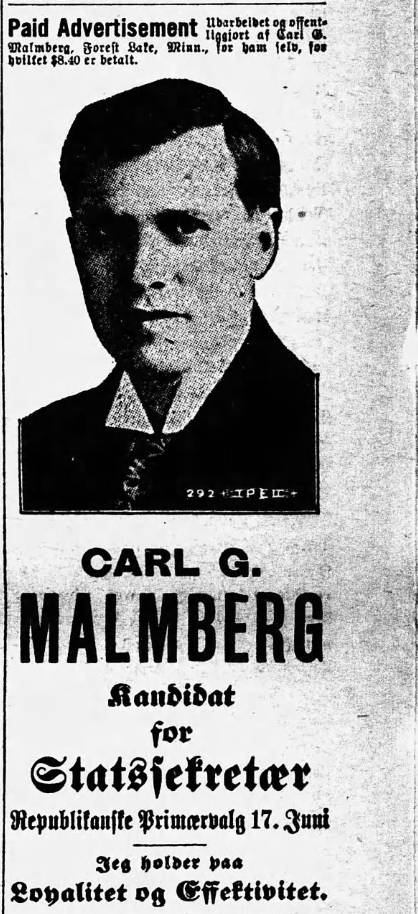 Print advertisement for Carl G. Malmberg's 1918 Secretary of State Republican primary campaign