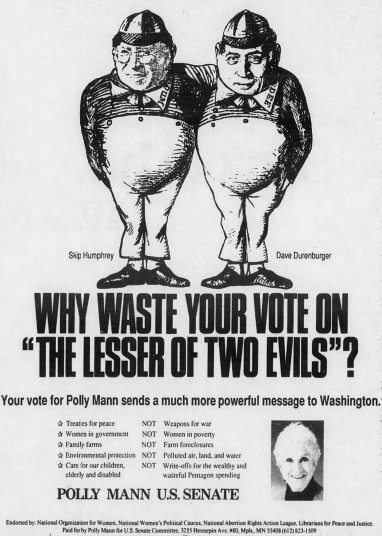 Print advertisement for Polly Mann's 1988 U.S. Senate general election campaign