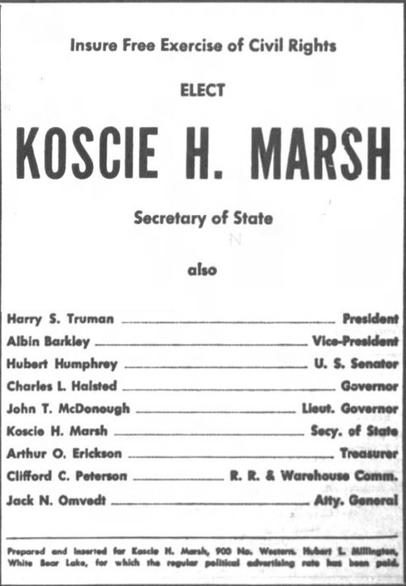 Print advertisement for Koscie Marsh's 1948 Secretary of State DFL primary campaign
