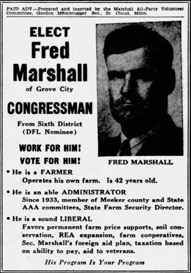 Print advertisement for Fred Marshall's 1948 CD 06 general election campaign