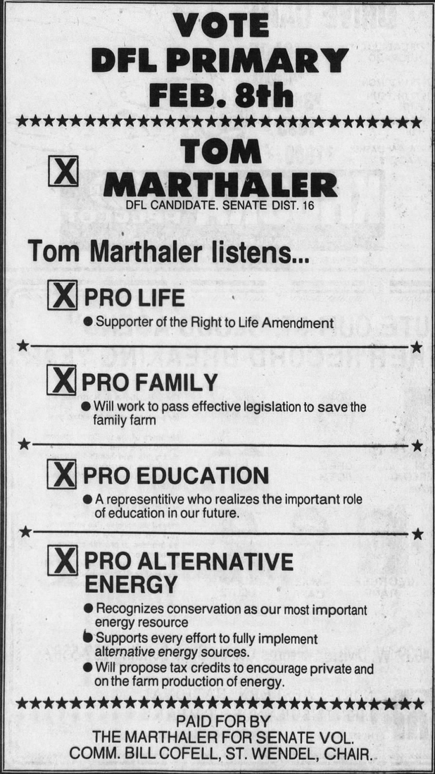 Print advertisement for Tom Marthaler's 1980 SD 16 special DFL primary campaign