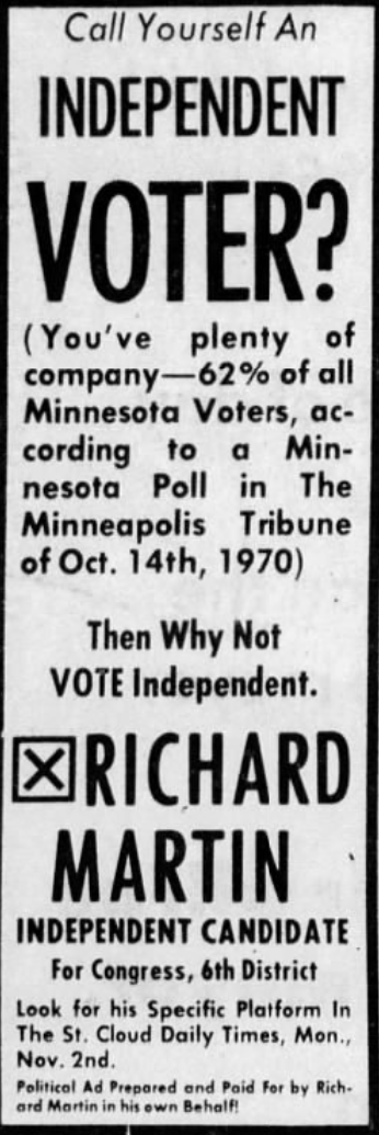 Print advertisement for Richard Martin's 1970 CD 06 general election campaign