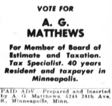 Print advertisement for Archie Matthews' 1955 Minneapolis Board of Estimate and Taxation general election campaign