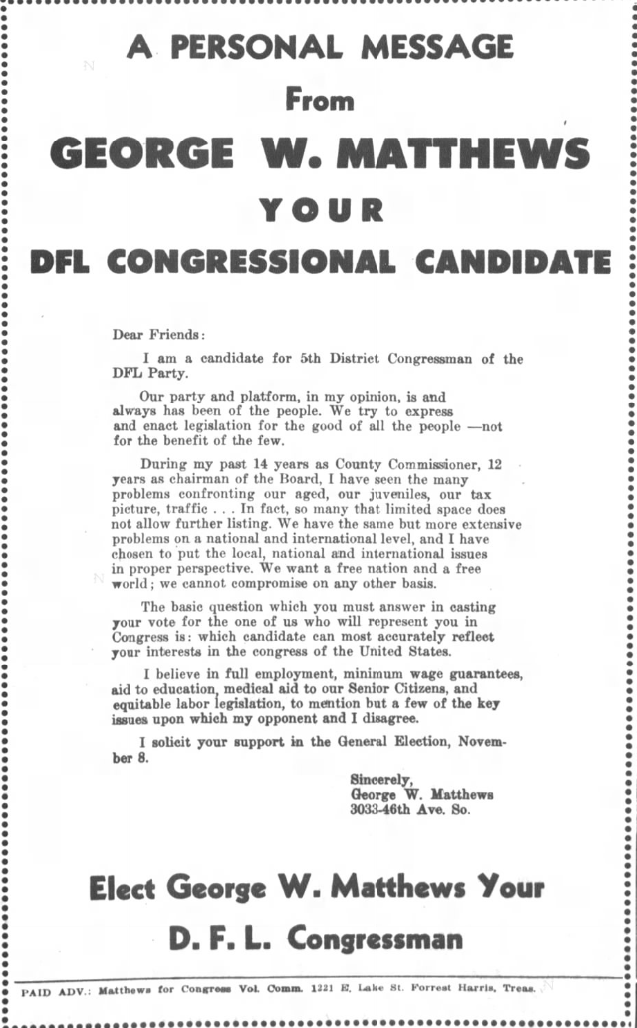 Print advertisement for George W. Matthews' 1960 CD 05 general election campaign