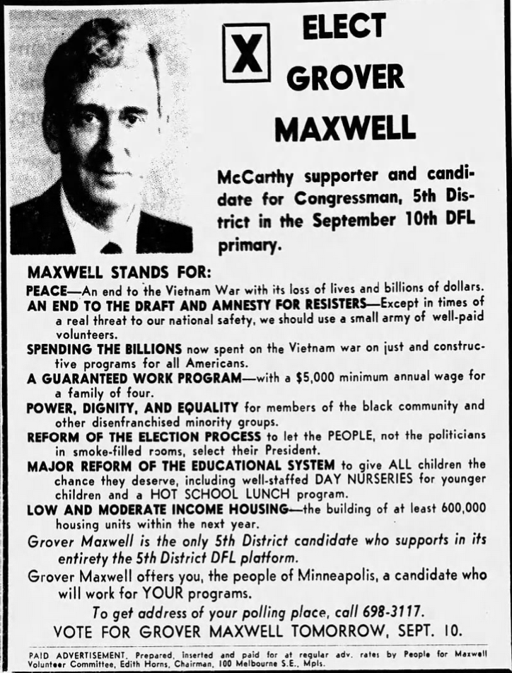 Print advertisement for Grover E. Maxwell's 1968 CD 05 DFL primary campaign