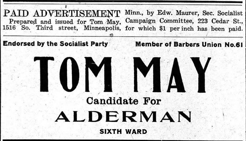 Print advertisement for Tom May's 1921 Minneapolis Aldermanic (6th Ward) primary campaign.