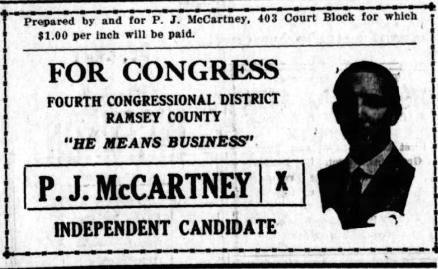 Print advertisement for Patrick McCartney's 1922 CD 04 independent general election campaign