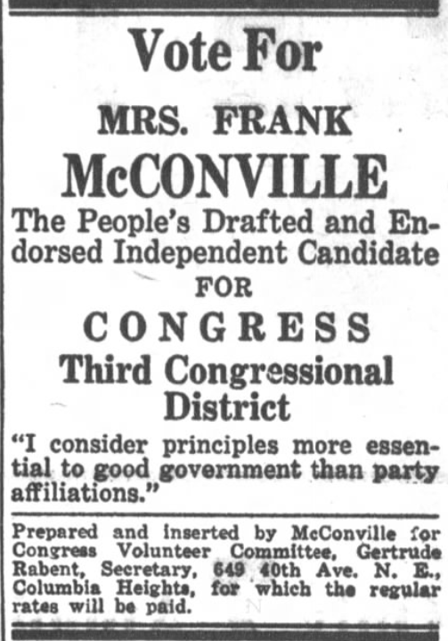 Print advertisement for Elizabeth McConville's 1936 CD 03 general election campaign
