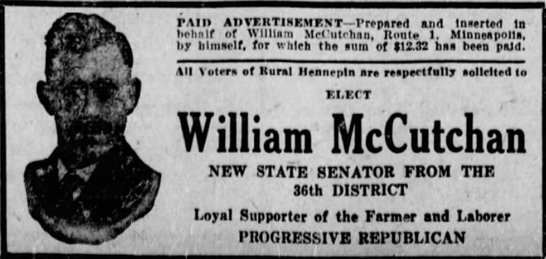 Print advertisement for William McCutchan's 1922 SD 36 general election campaign