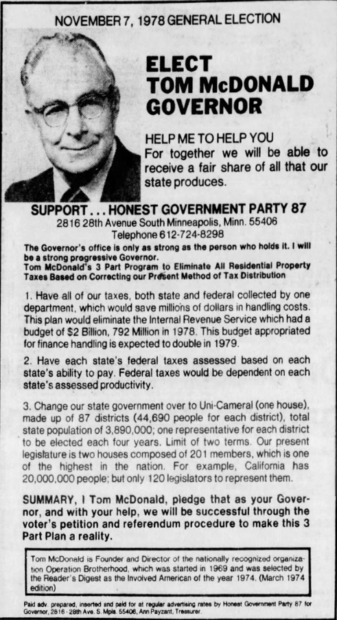 Print advertisement for Tom McDonald's 1978 gubernatorial general election campaign