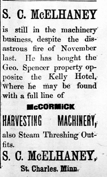 Print advertisement for Samuel McElhaney's agricultural implement business