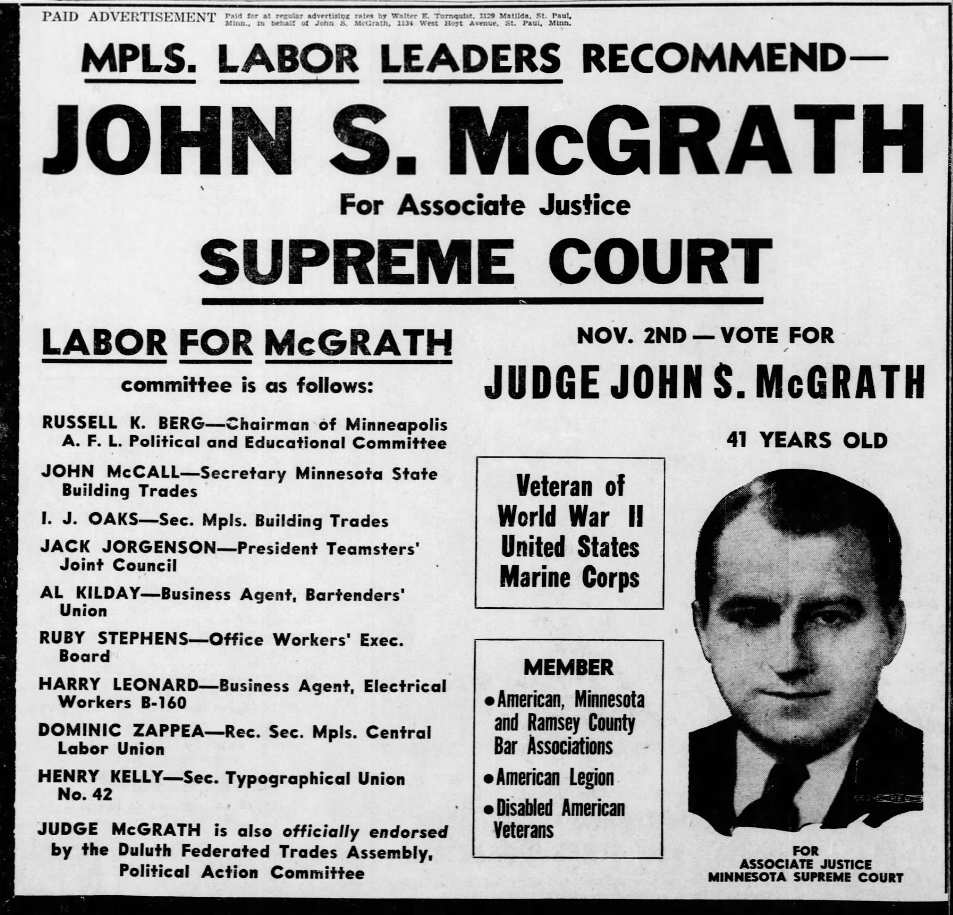 Print advertisement for John S. McGrath's 1948 Supreme Court Associate Justice general election campaign