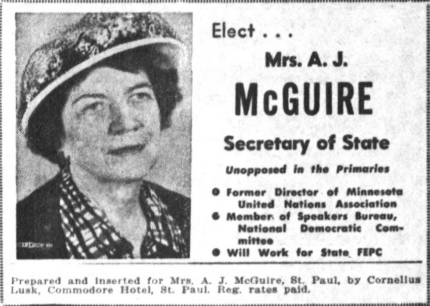Print advertisement for Marie F. McGuire's 1950 Secretary of State general election campaign