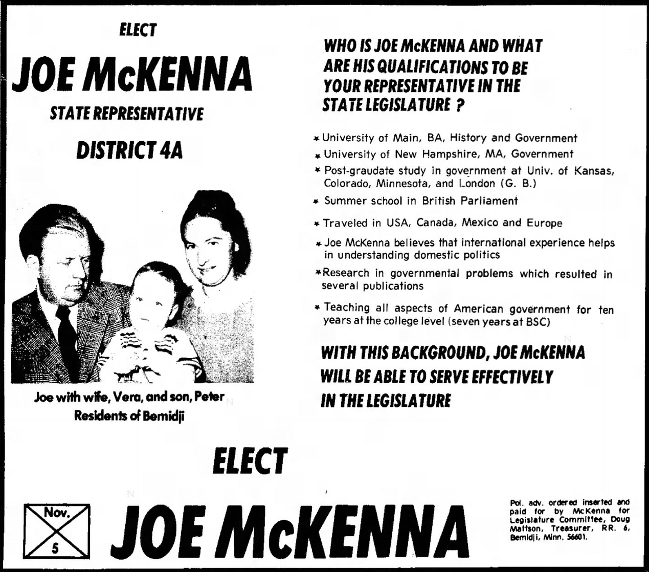 Print advertisement for Joe McKenna's 1974 HD 04A general election campaign