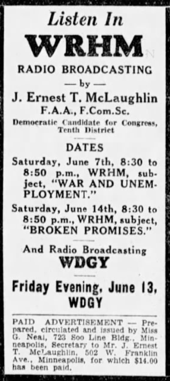 Print advertisement for J. Ernest T. McLaughlin's 1930 CD 10 Democratic primary campaign.