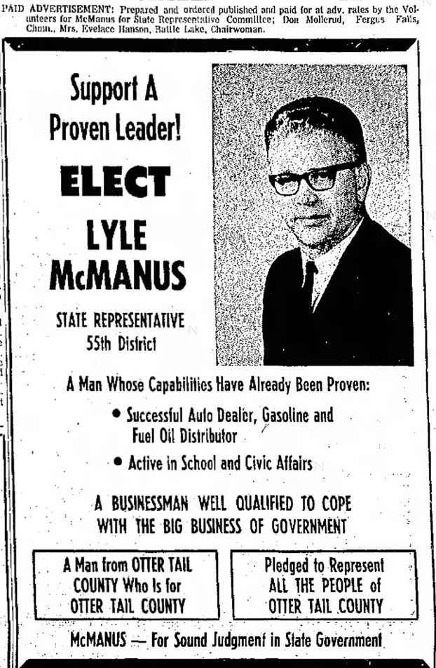 Print advertisement for Lyle V. McManus' 1966 HD 55 primary election campaign
