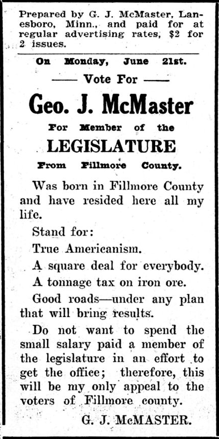 Print advertisement for George McMaster's 1920 HD 01 primary election campaign