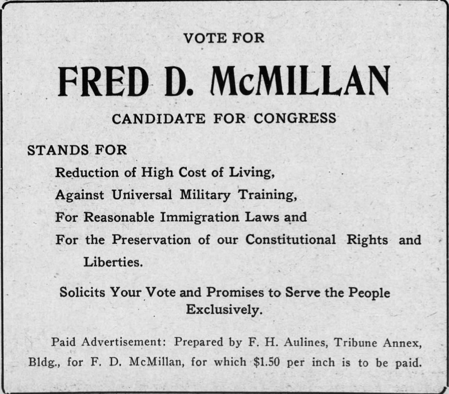 Print advertisement for Fred D. McMillen's 1920 CD 10 Republican primary campaign