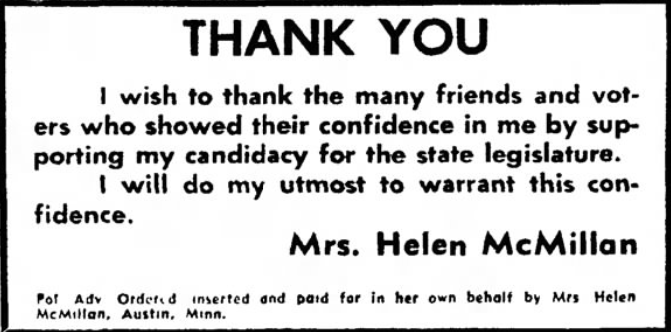 Print advertisement for Helen E. McMillan's 1962 HD 05 general election campaign