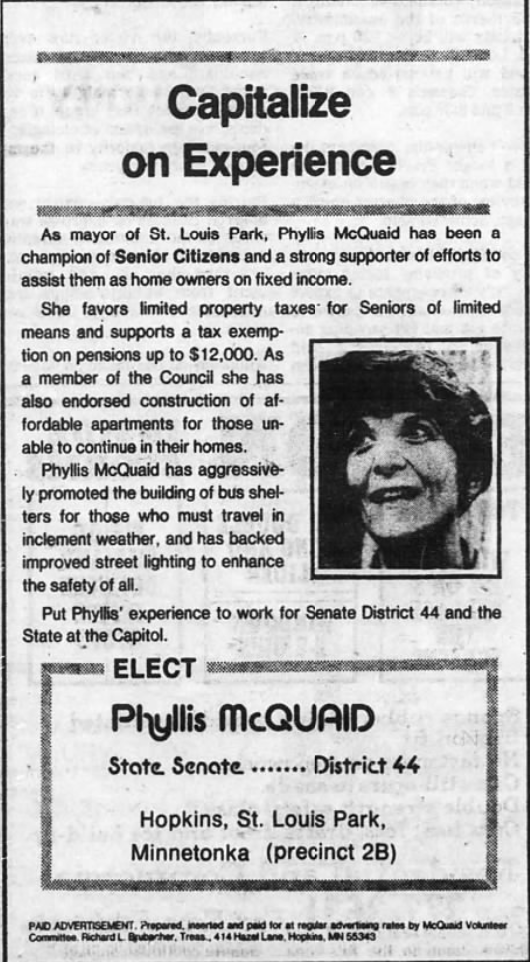 Print advertisement for Phyllis McQuaid's 1982 SD 44 general election campaign