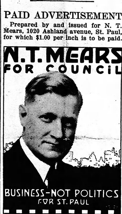 Print advertisement for Norman Mears' 1916 campaign for St. Paul City Councilor