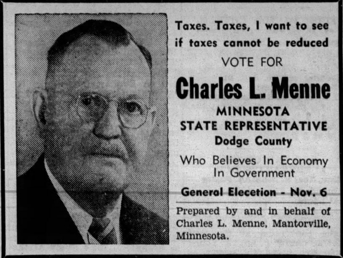 Print advertisement for Charles L. Menne's 1956 HD 05 general election campaign