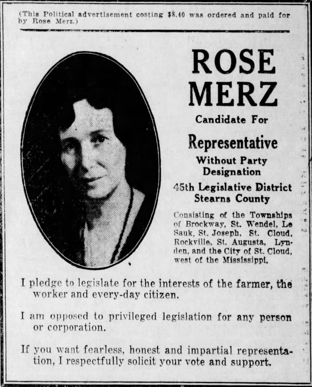 Print advertisement for Rose Merz's 1932 HD 45 general election campaign